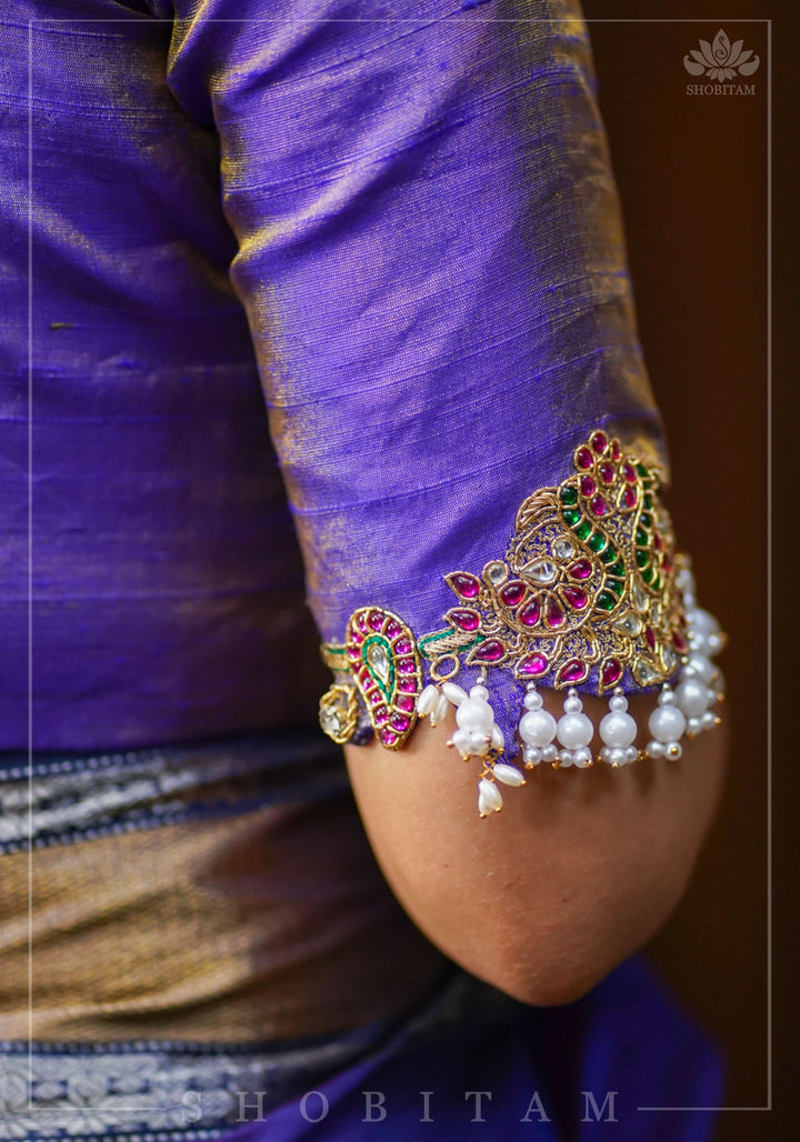 Guttapusalu and bajuband handwork on exotic Pure Tissue Raw Silk Blouse in Lilac