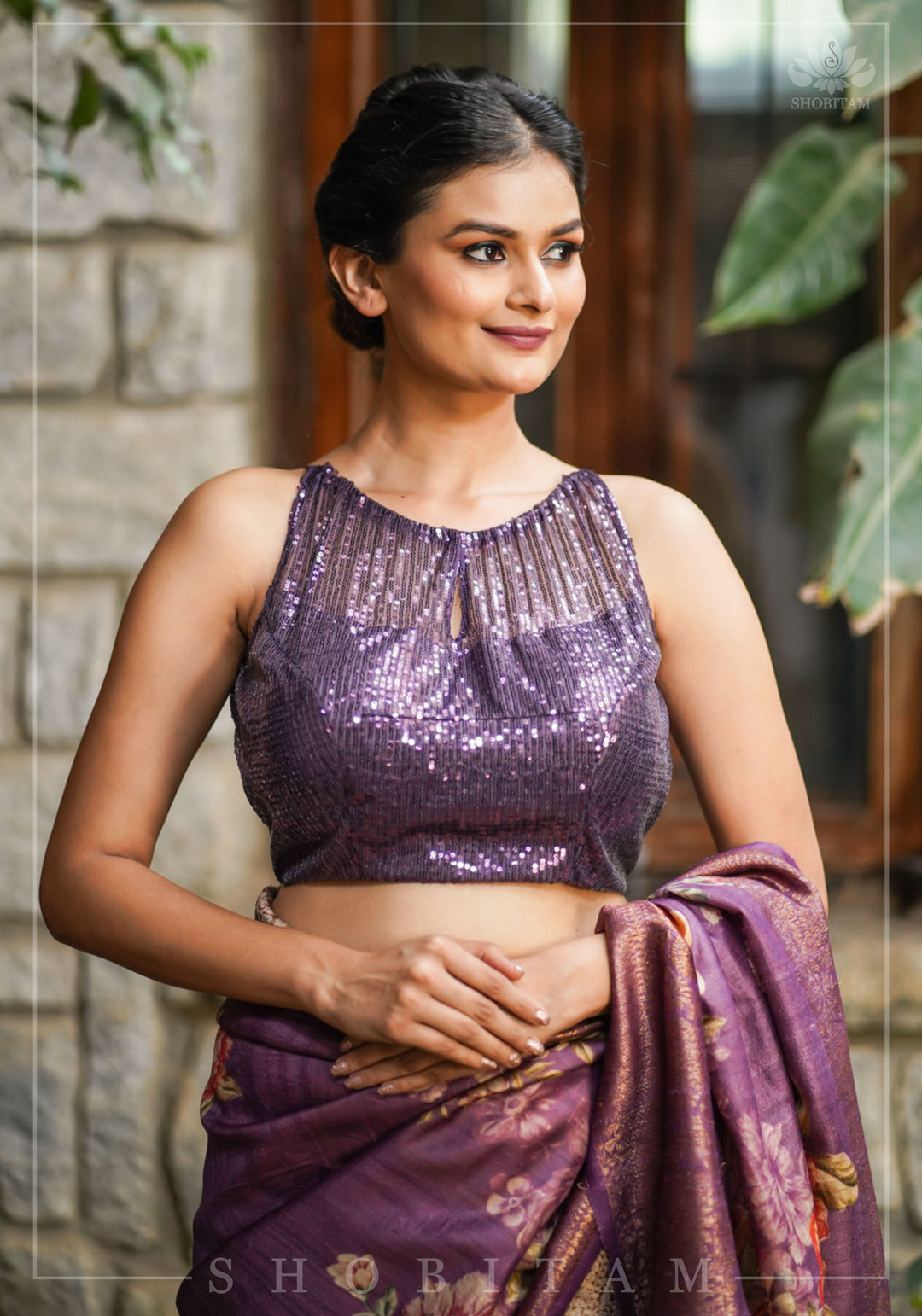 Stylish Amethyst Gathered Neck Blouse with self tone sequins and sheer yoke