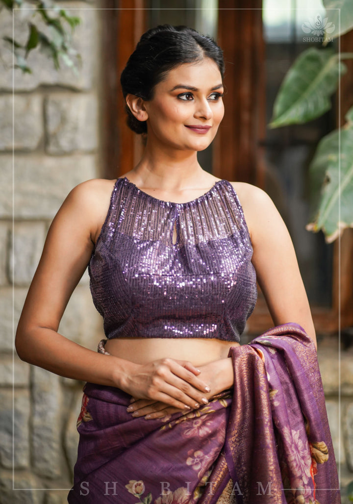Stylish Amethyst Gathered Neck Blouse with self tone sequins and sheer yoke