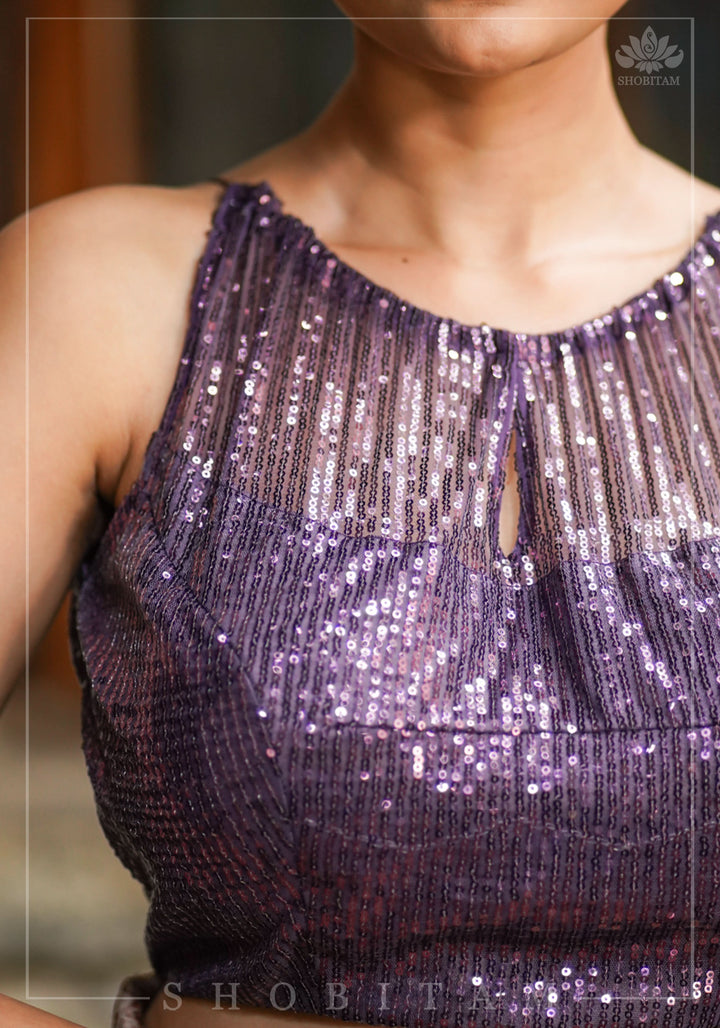 Stylish Amethyst Gathered Neck Blouse with self tone sequins and sheer yoke