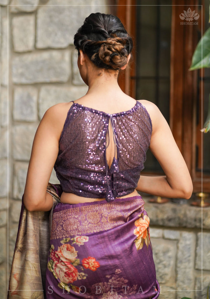 Stylish Amethyst Gathered Neck Blouse with self tone sequins and sheer yoke