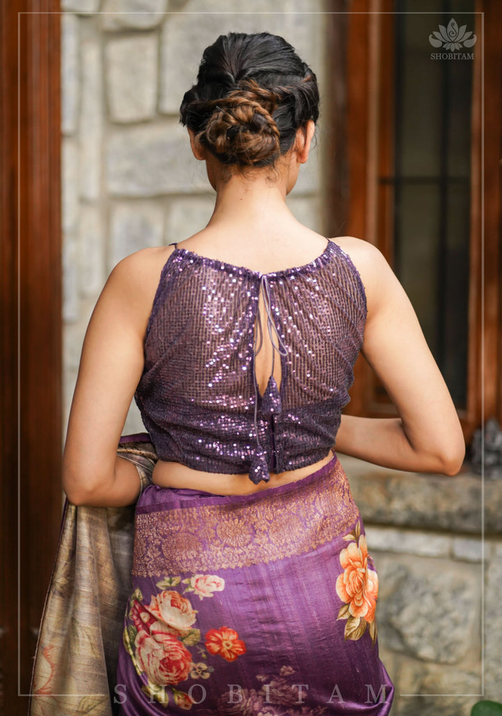 Stylish Amethyst Gathered Neck Blouse with self tone sequins and sheer yoke