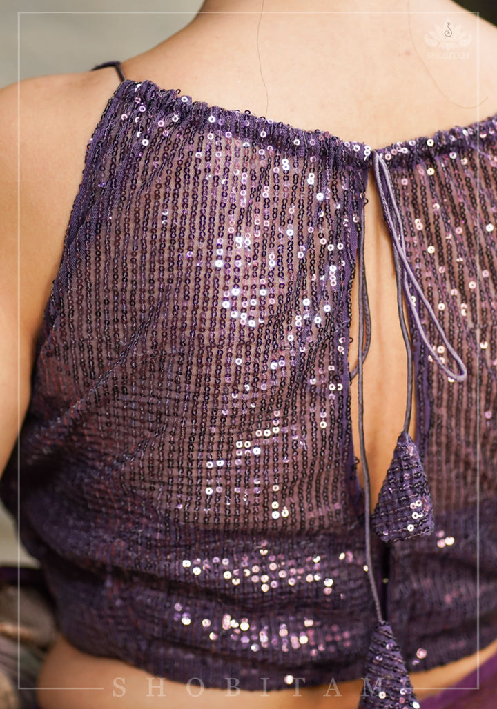 Stylish Amethyst Gathered Neck Blouse with self tone sequins and sheer yoke