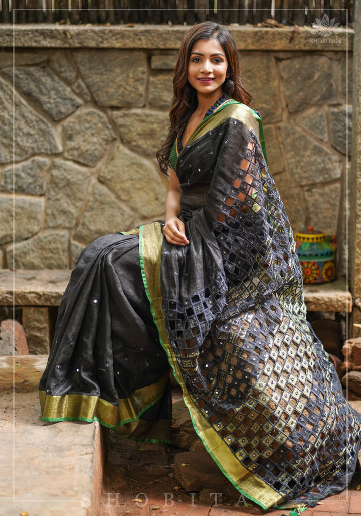 Cutwork Linen Saree in Black with Green borders
