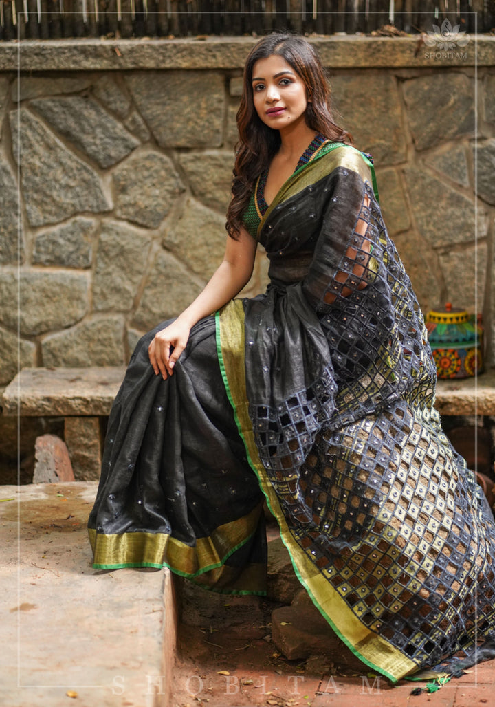 Cutwork Linen Saree in Black with Green borders