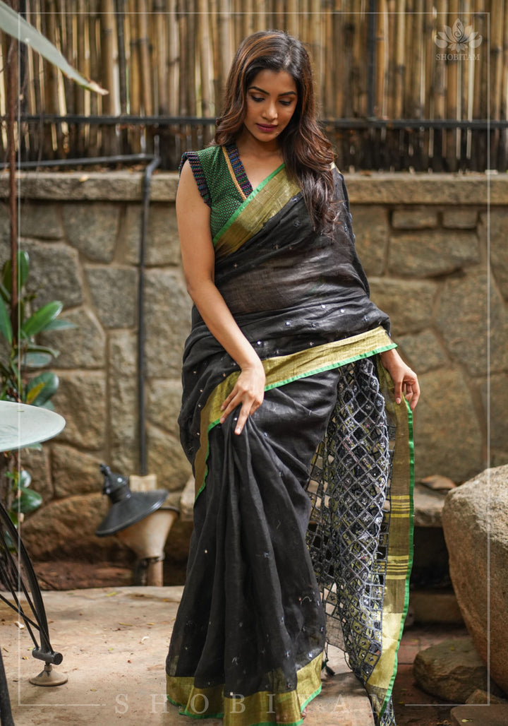 Cutwork Linen Saree in Black with Green borders