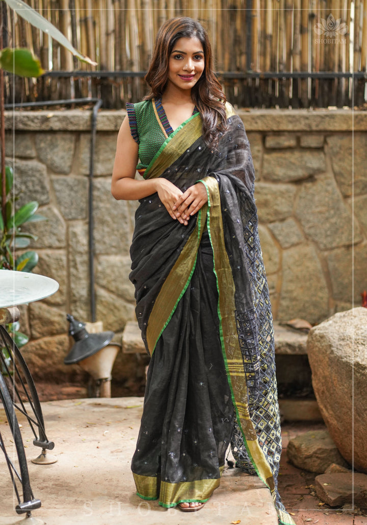 Cutwork Linen Saree in Black with Green borders