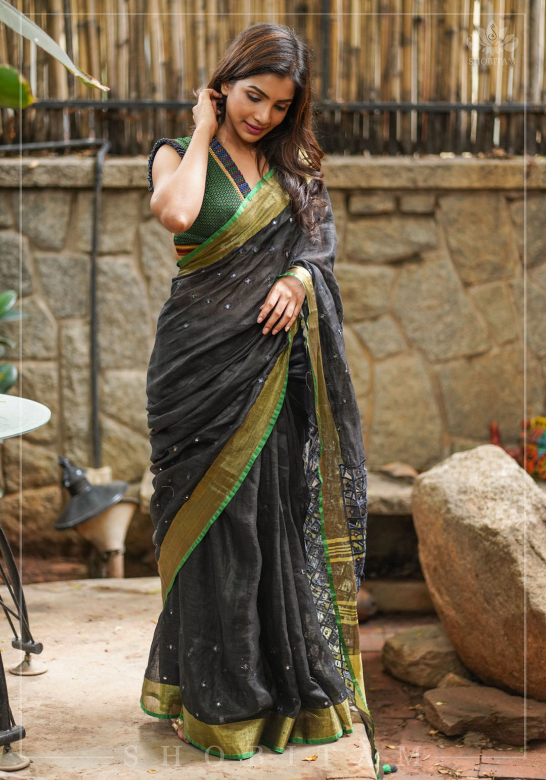 Cutwork Linen Saree in Black with Green borders