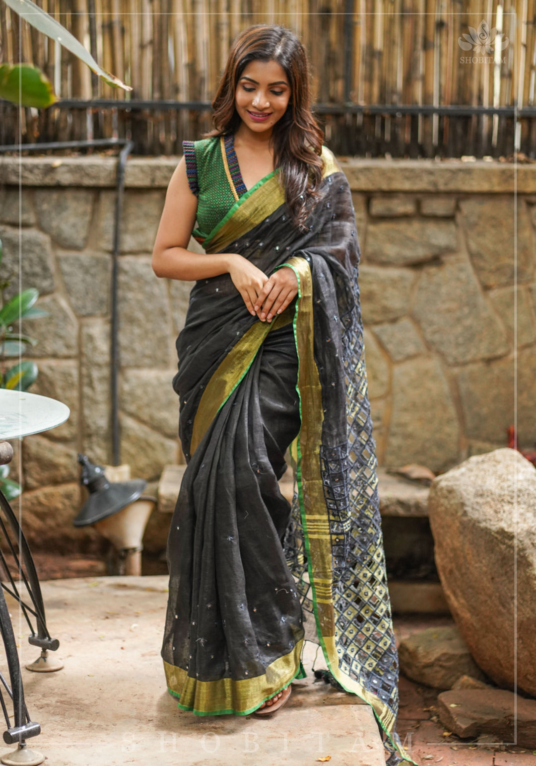 Cutwork Linen Saree in Black with Green borders