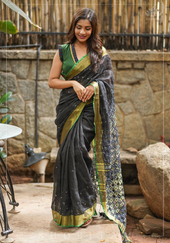 Cutwork Linen Saree in Black with Green borders