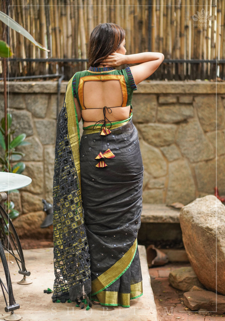 Cutwork Linen Saree in Black with Green borders