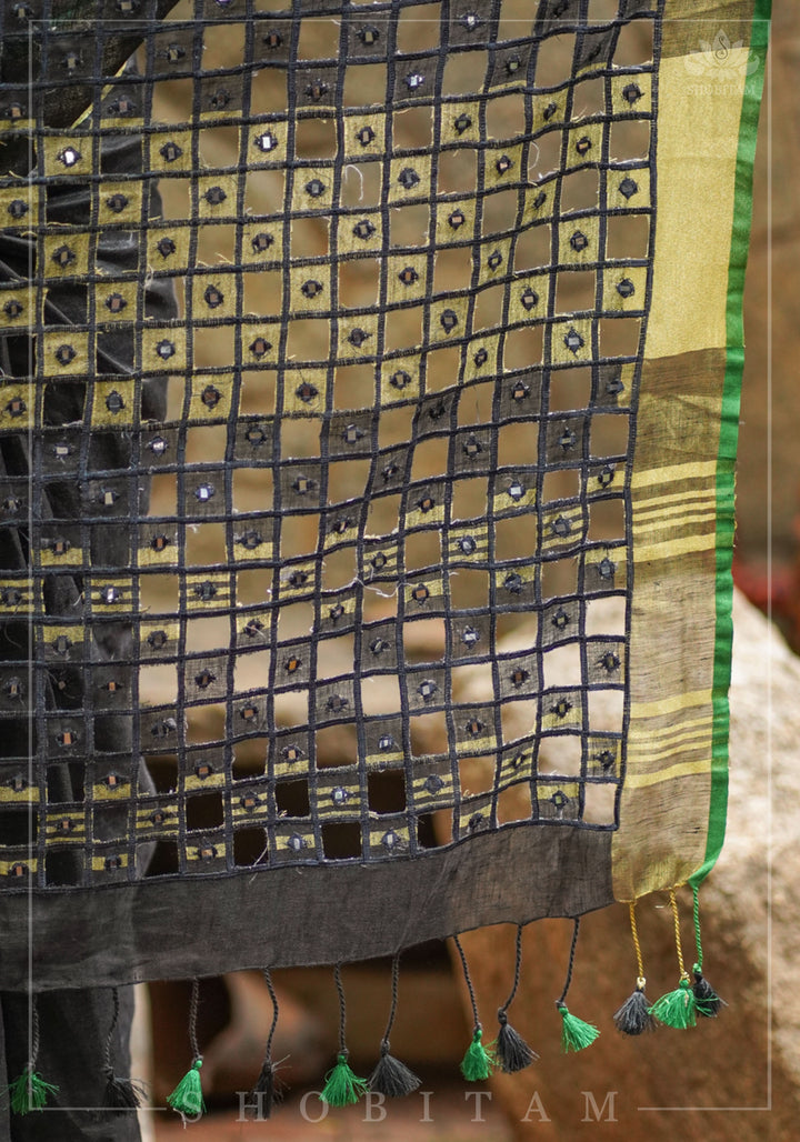Cutwork Linen Saree in Black with Green borders