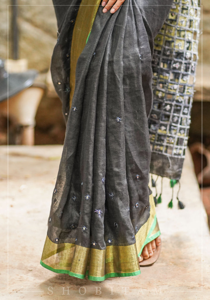 Cutwork Linen Saree in Black with Green borders