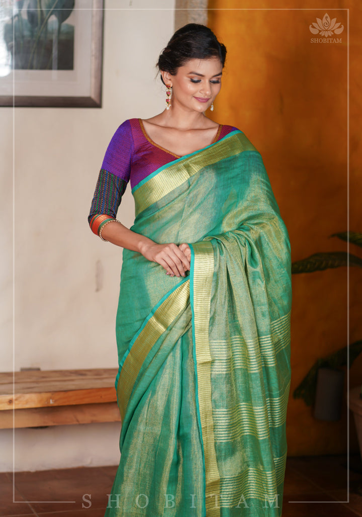 Rama Green and Gold Tissue by Linen Saree