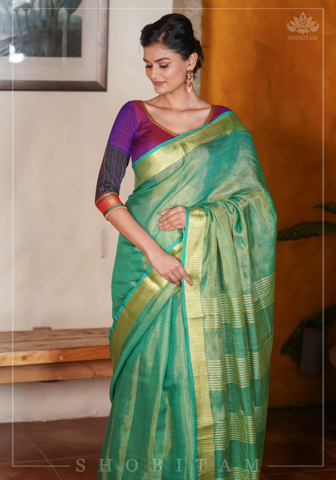 Rama Green and Gold Tissue by Linen Saree