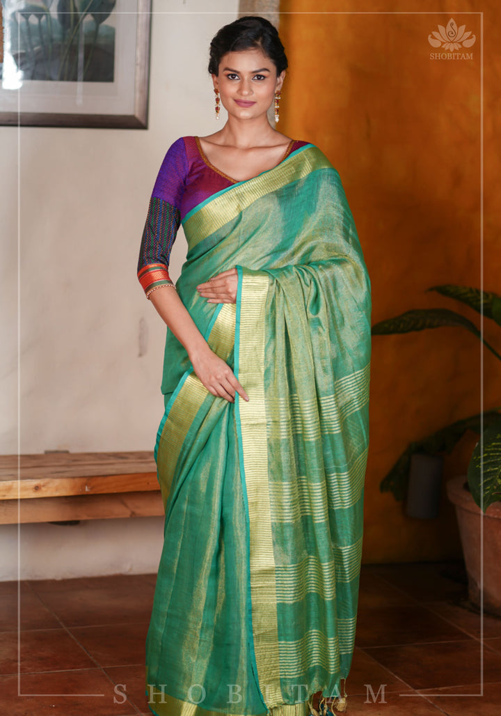 Rama Green and Gold Tissue by Linen Saree