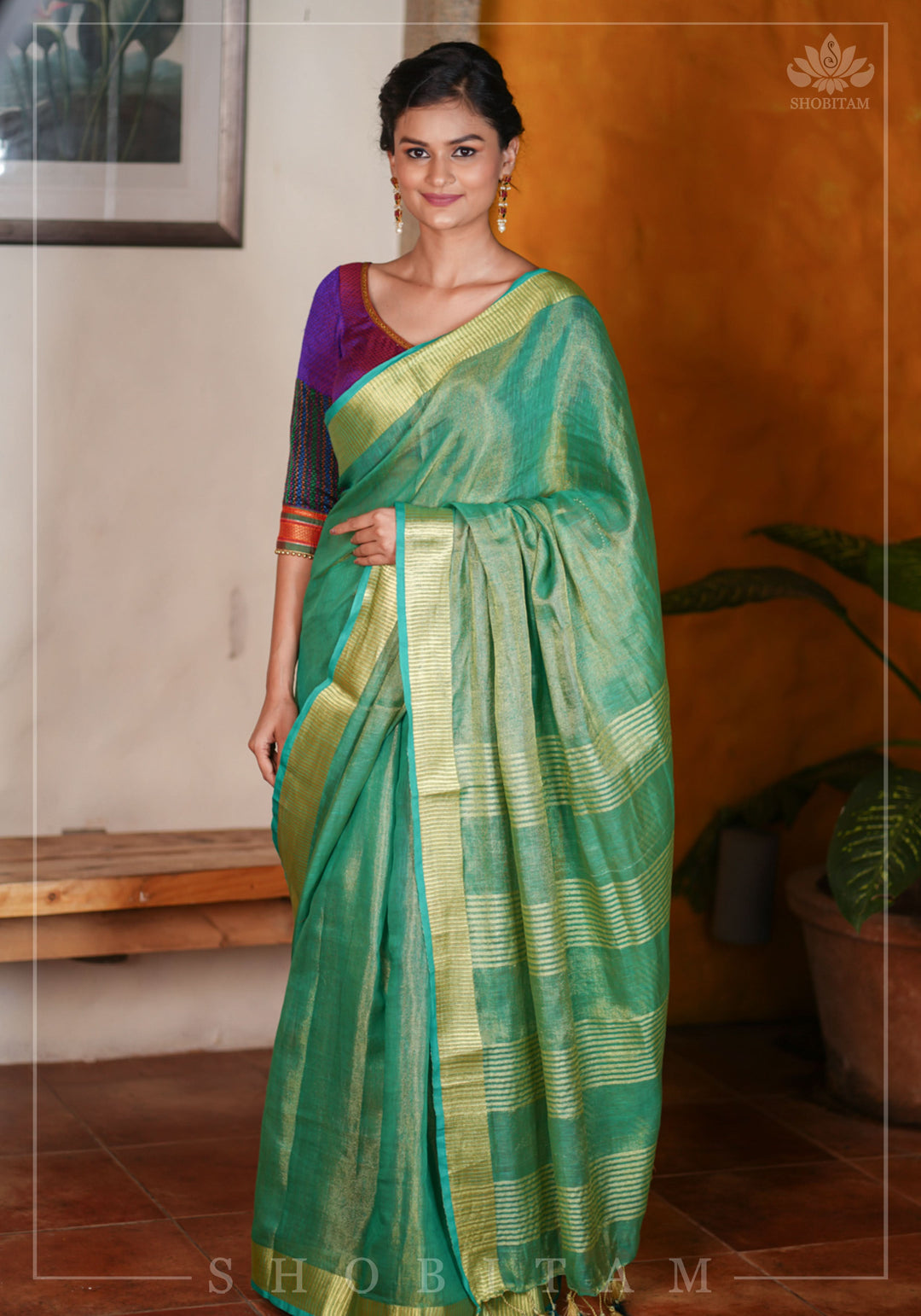 Rama Green and Gold Tissue by Linen Saree