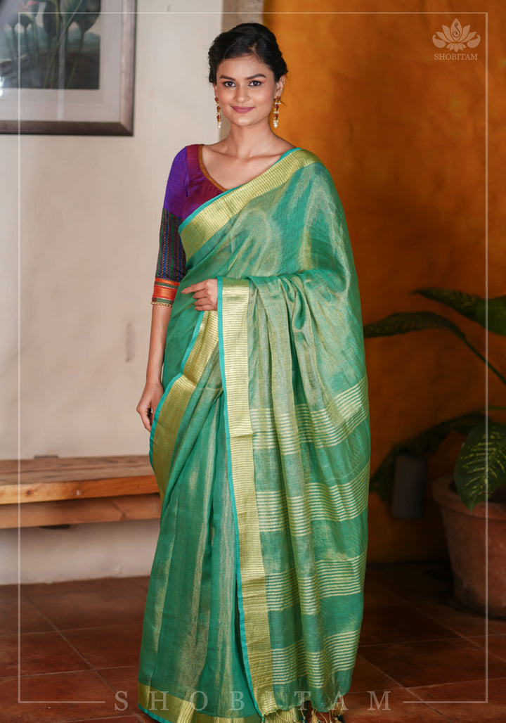 Rama Green and Gold Tissue by Linen Saree
