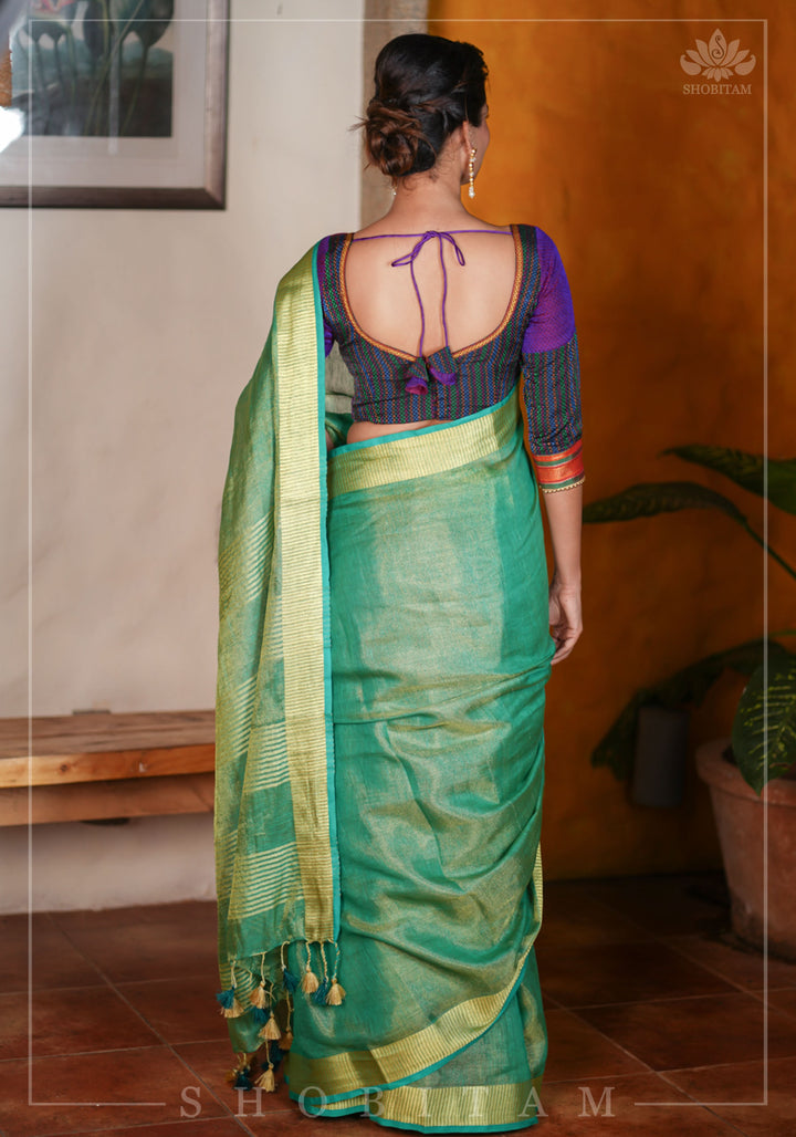 Rama Green and Gold Tissue by Linen Saree