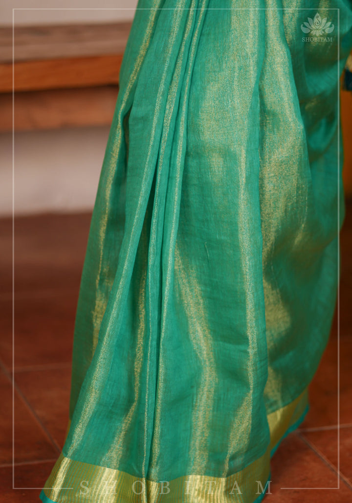Rama Green and Gold Tissue by Linen Saree