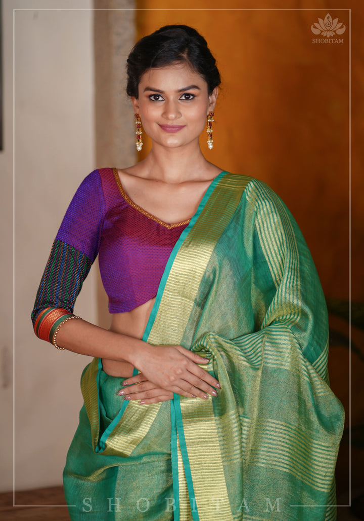 Rama Green and Gold Tissue by Linen Saree
