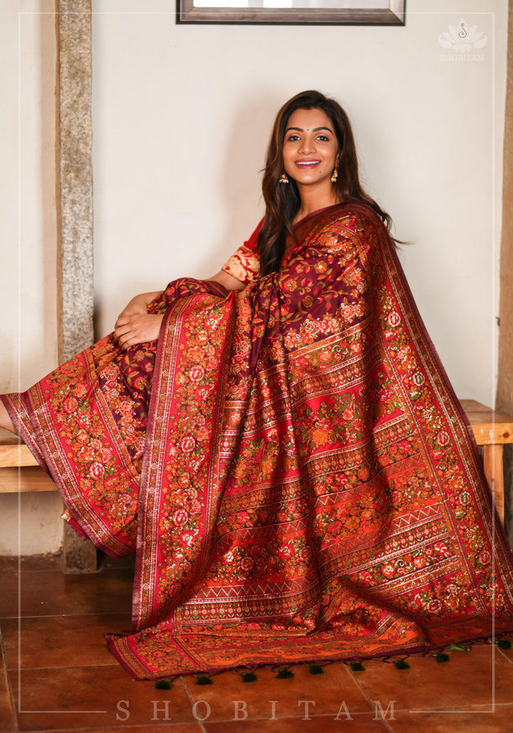 Lovely Kani Design with Floral Jaal in Maroon. Pretty Sarees. | SHOBITAM