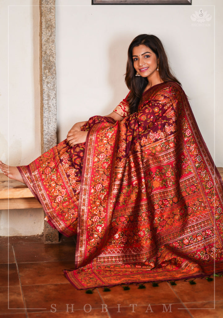Lovely Kani Design with Floral Jaal in Maroon. Pretty Sarees. | SHOBITAM