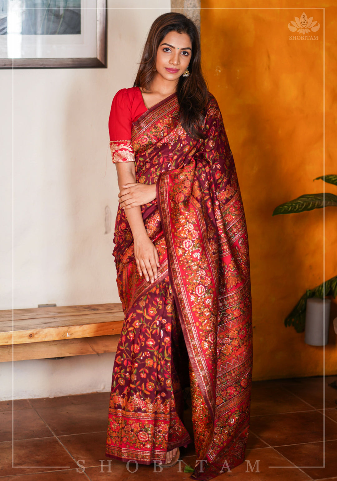 Lovely Kani Design with Floral Jaal in Maroon. Pretty Sarees. | SHOBITAM