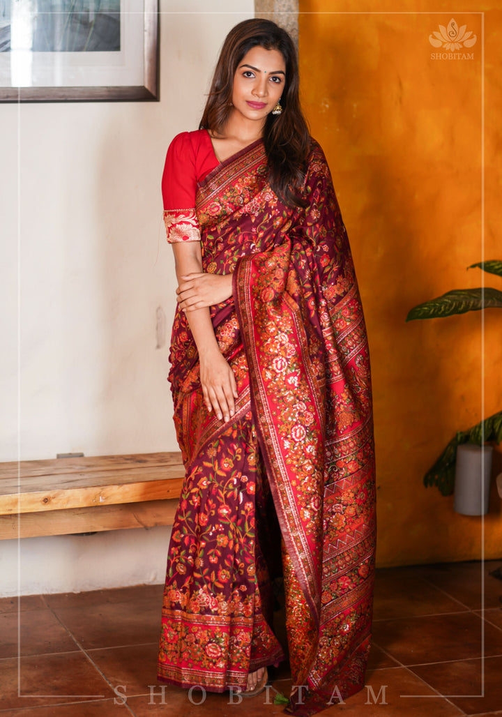 Lovely Kani Design with Floral Jaal in Maroon. Pretty Sarees. | SHOBITAM
