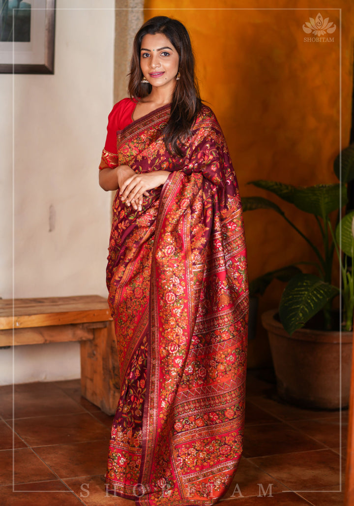 Lovely Kani Design with Floral Jaal in Maroon. Pretty Sarees. | SHOBITAM
