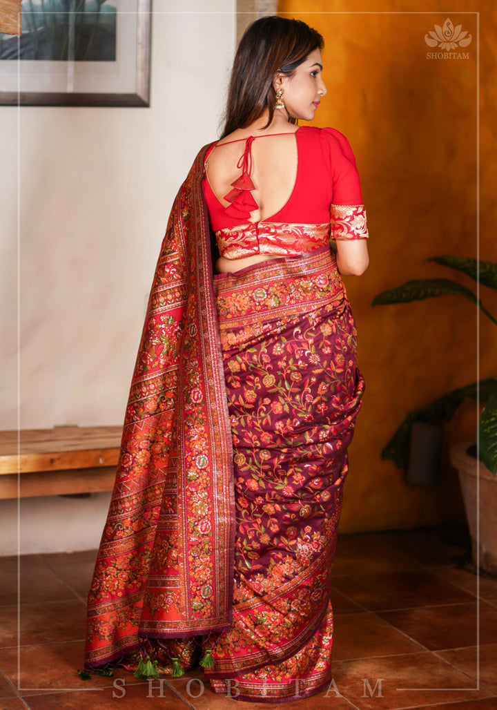 Lovely Kani Design with Floral Jaal in Maroon. Pretty Sarees. | SHOBITAM