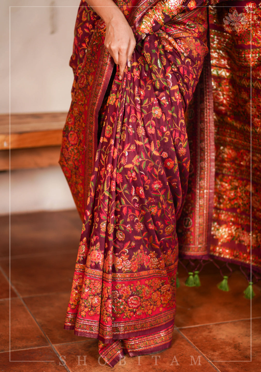 Lovely Kani Design with Floral Jaal in Maroon. Pretty Sarees. | SHOBITAM