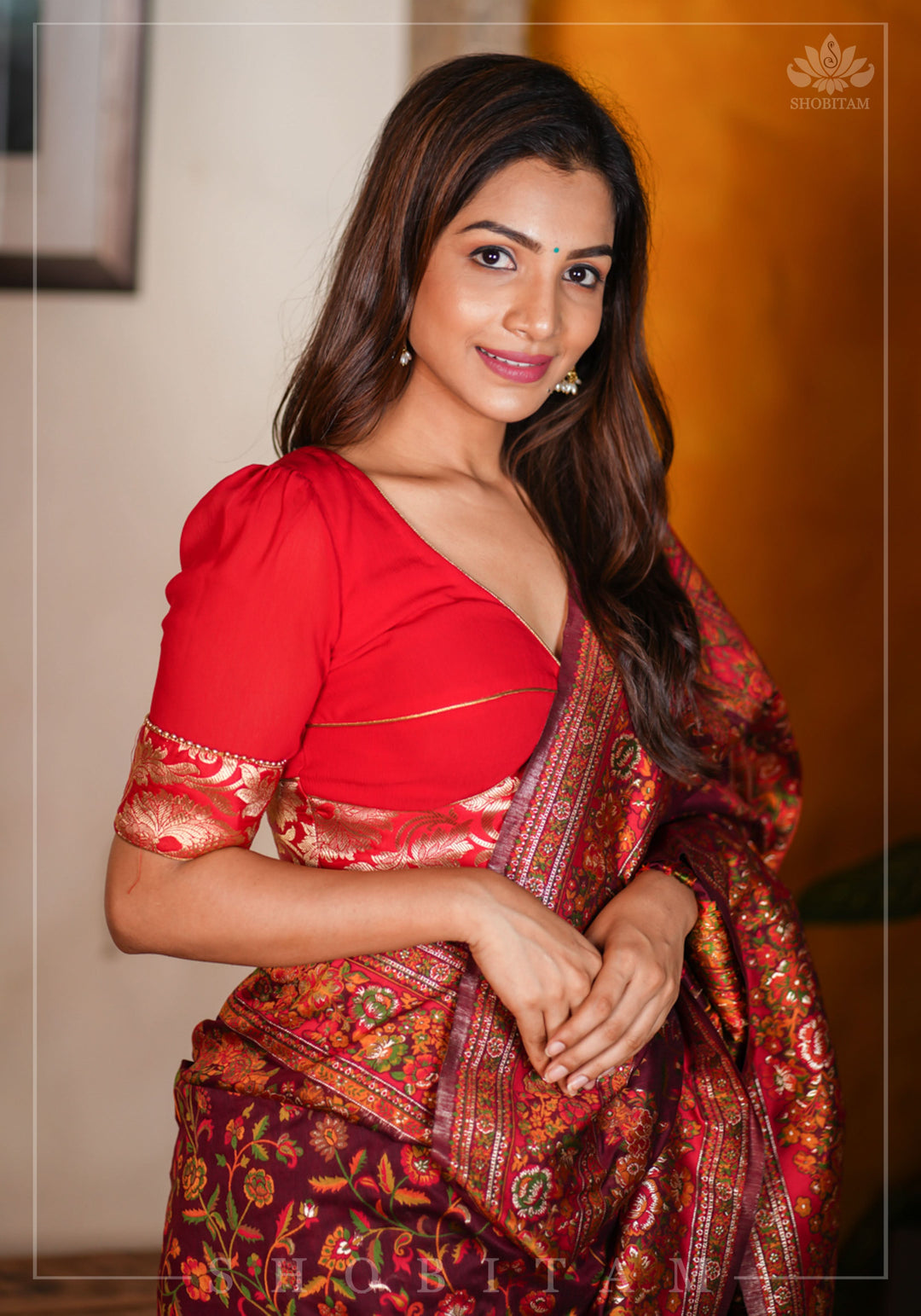 Red Chiffon Blouse with Brocade detailing