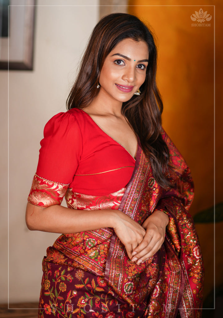 Red Chiffon Blouse with Brocade detailing