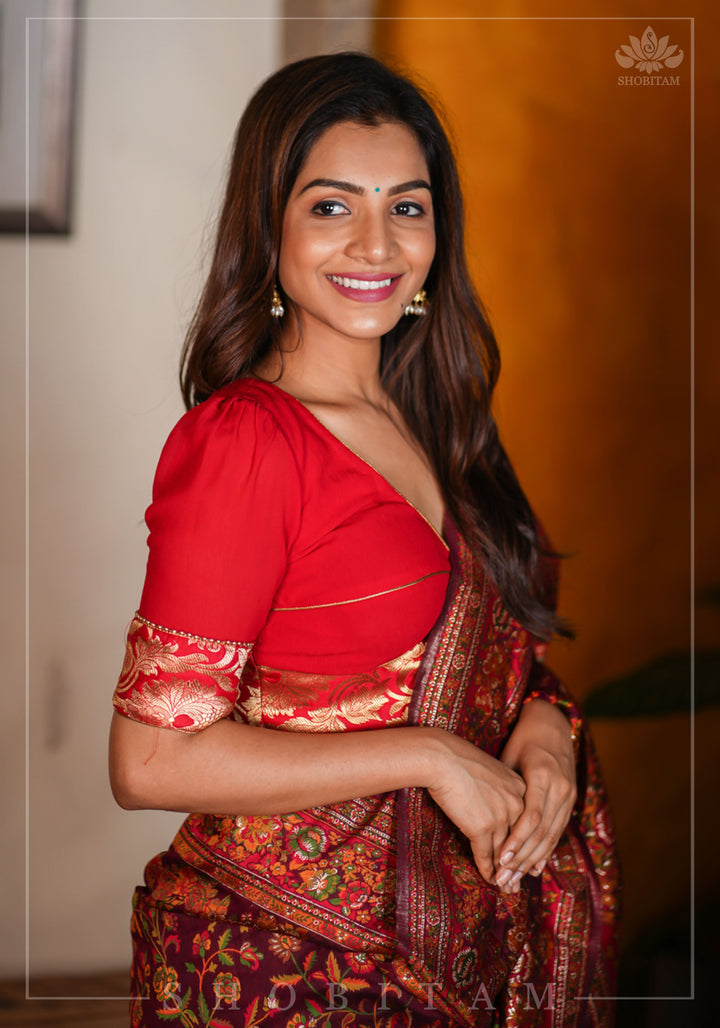 Red Chiffon Blouse with Brocade detailing
