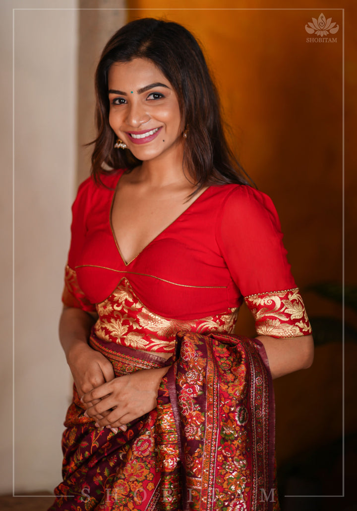 Red Chiffon Blouse with Brocade detailing