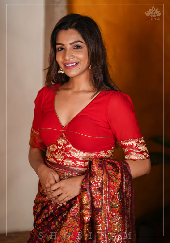 Red Chiffon Blouse with Brocade detailing