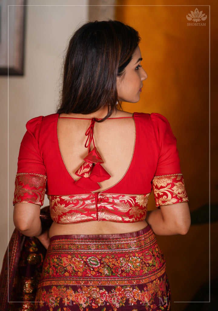 Red Chiffon Blouse with Brocade detailing