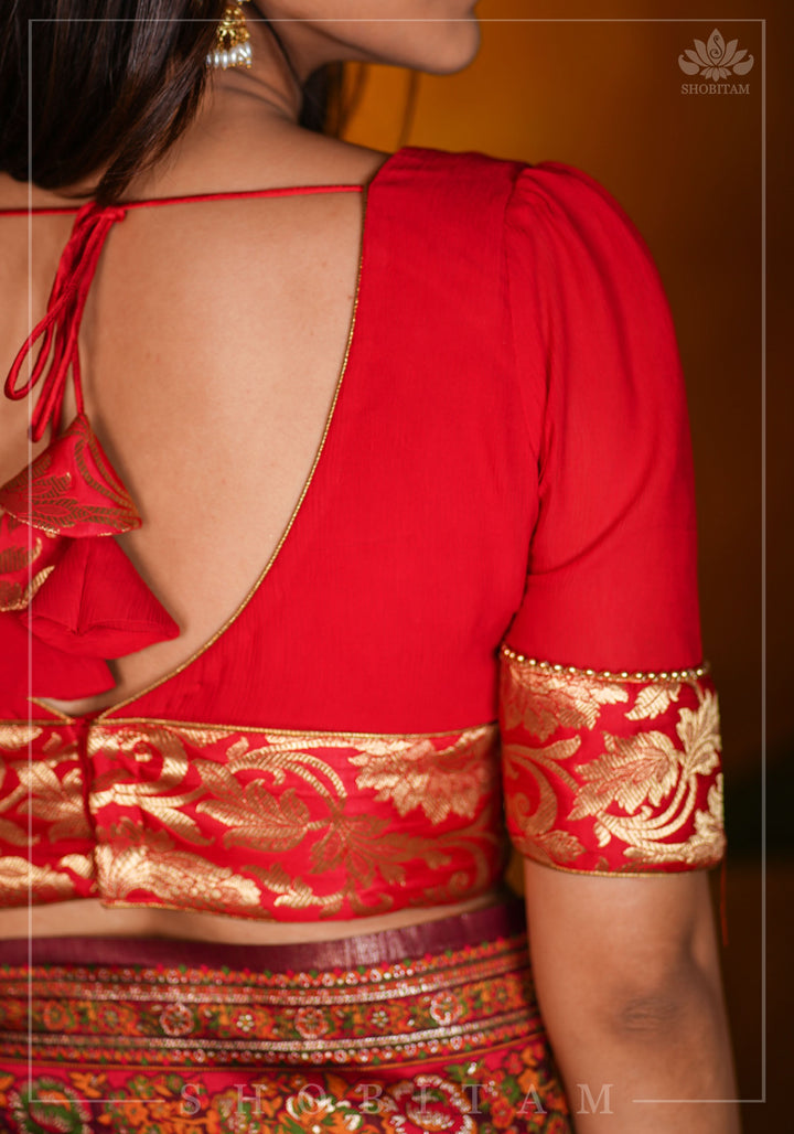 Red Chiffon Blouse with Brocade detailing