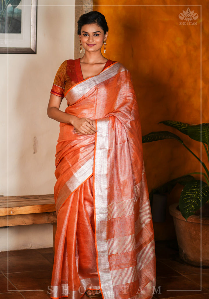 Burnt Orange and Silver Tissue by Linen Saree