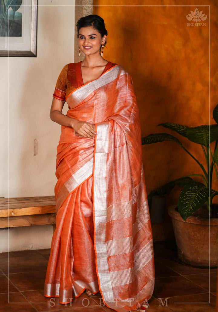 Burnt Orange and Silver Tissue by Linen Saree