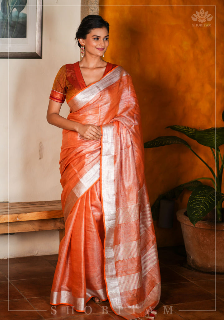 Burnt Orange and Silver Tissue by Linen Saree