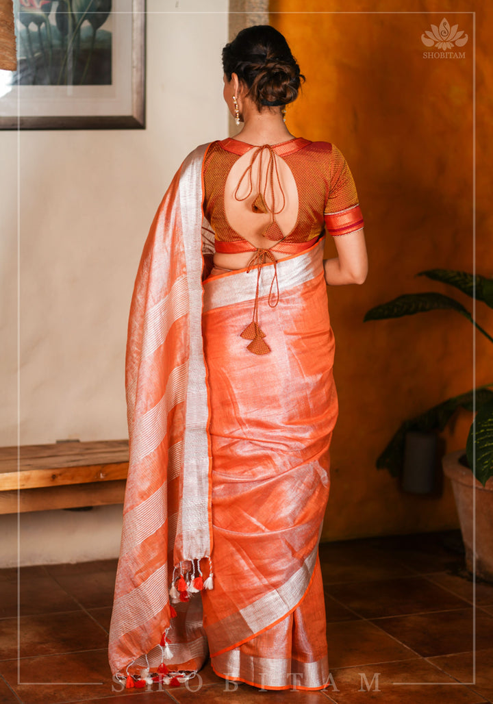 Burnt Orange and Silver Tissue by Linen Saree