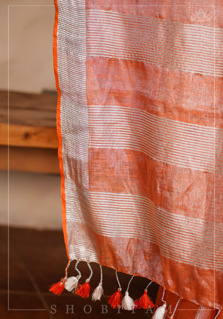 Burnt Orange and Silver Tissue by Linen Saree