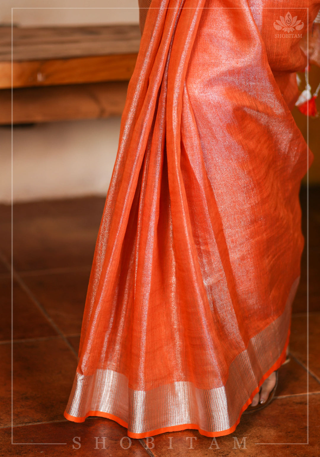 Burnt Orange and Silver Tissue by Linen Saree
