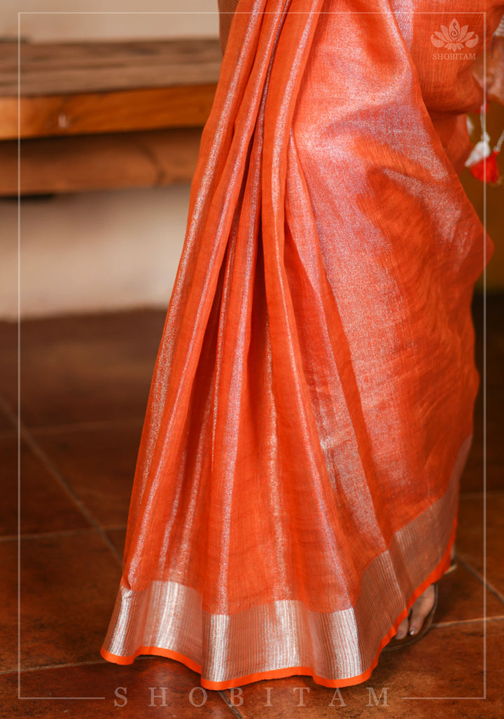 Burnt Orange and Silver Tissue by Linen Saree