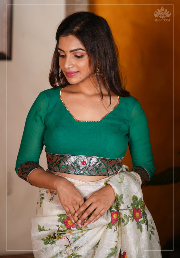 Rama green pure chiffon blouse with brocade detailing and sheer sleeves