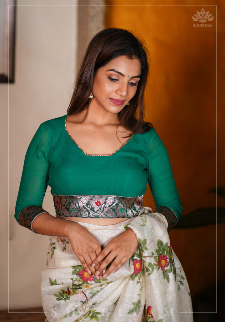 Rama green pure chiffon blouse with brocade detailing and sheer sleeves