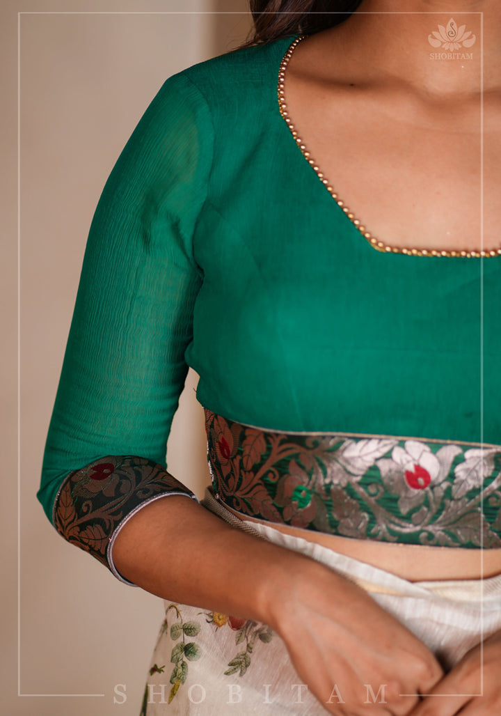Rama green pure chiffon blouse with brocade detailing and sheer sleeves