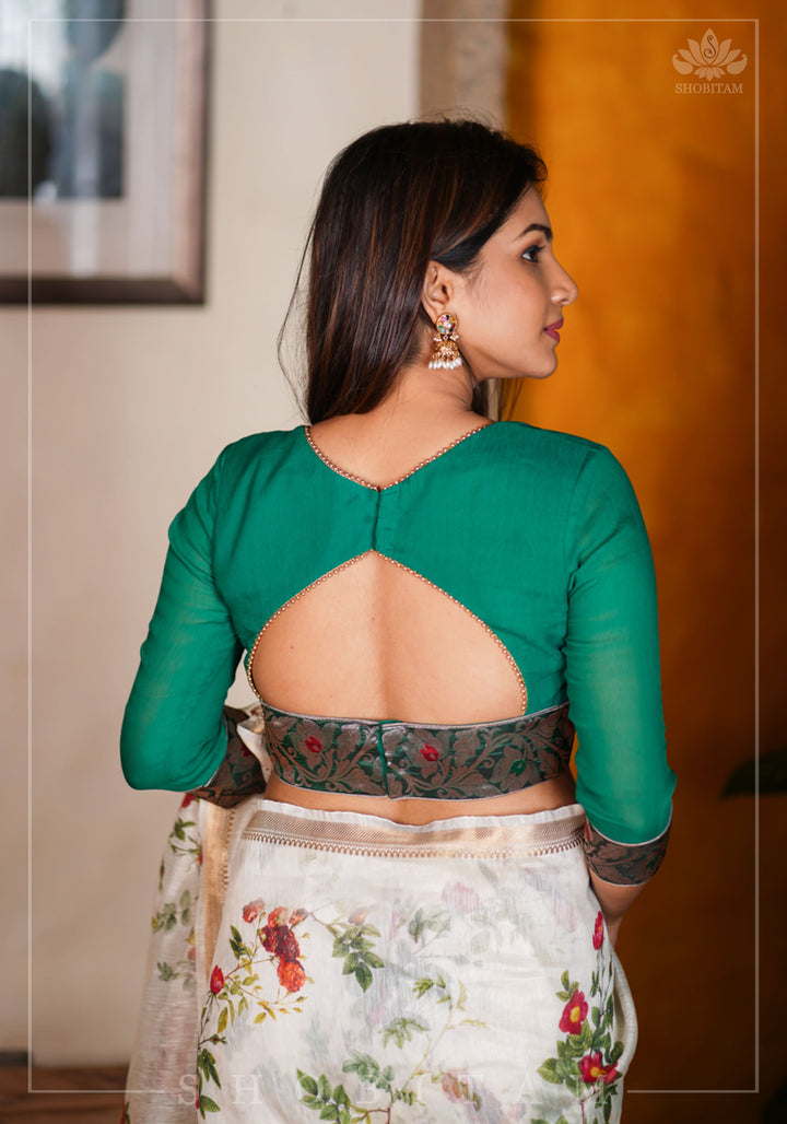 Rama green pure chiffon blouse with brocade detailing and sheer sleeves